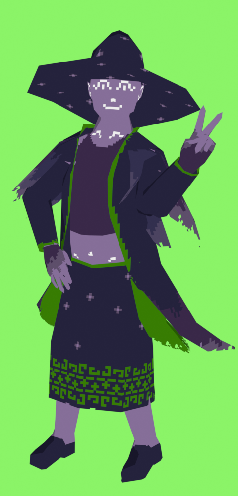 A purple skinned witch with a long patchwork cloak, a croptop, skirt and witch hat giving the peace sign.